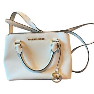 MICHAEL KORS Cream Saffiano Leather Satchel with Gold Hardware